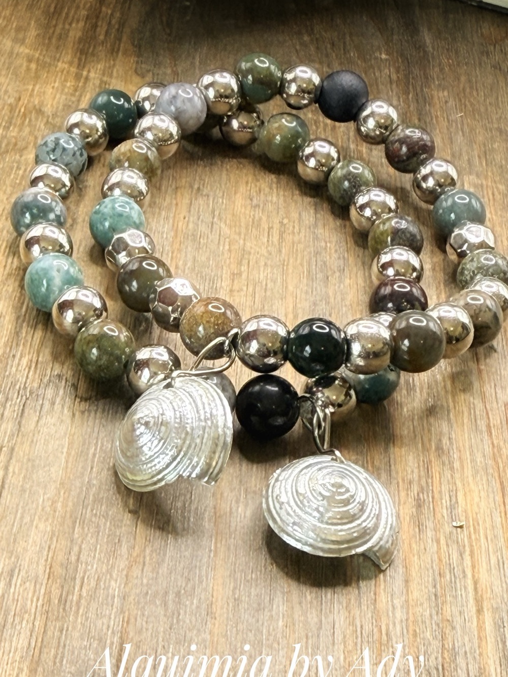 BTC + Multicolor Agate Stretch Bracelet Set with Silver Shell Charms